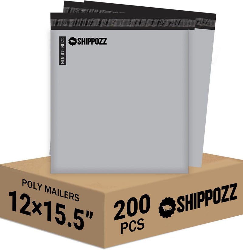 Shippozz 12x15.5 أكياس بولي 200 عبوة، أكياس شحن مقاومة للماء لتغليف الملابس، أكياس بريد ذاتية الإغلاق لمستلزمات التعبئة للأعمال الصغيرة، أظرف بريدية للكتب والإكسسوارات - Image 1